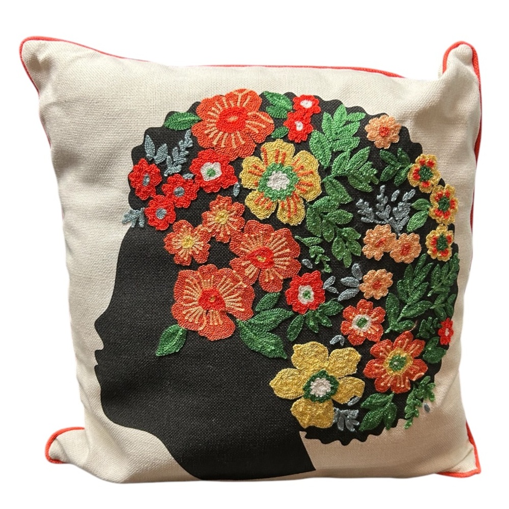 THRO African American Woman Embroidered Decorative Accent Pillow New with Tags
